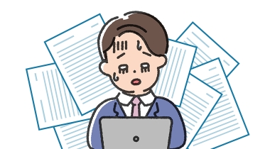 書類に囲まれてパソコン画面を見つめる疲れたサラリーマン風の男性イラスト