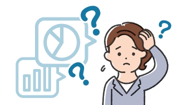 グラフや円グラフの吹き出しとともに、頭を抱えて困惑するビジネスウーマンのイラスト
