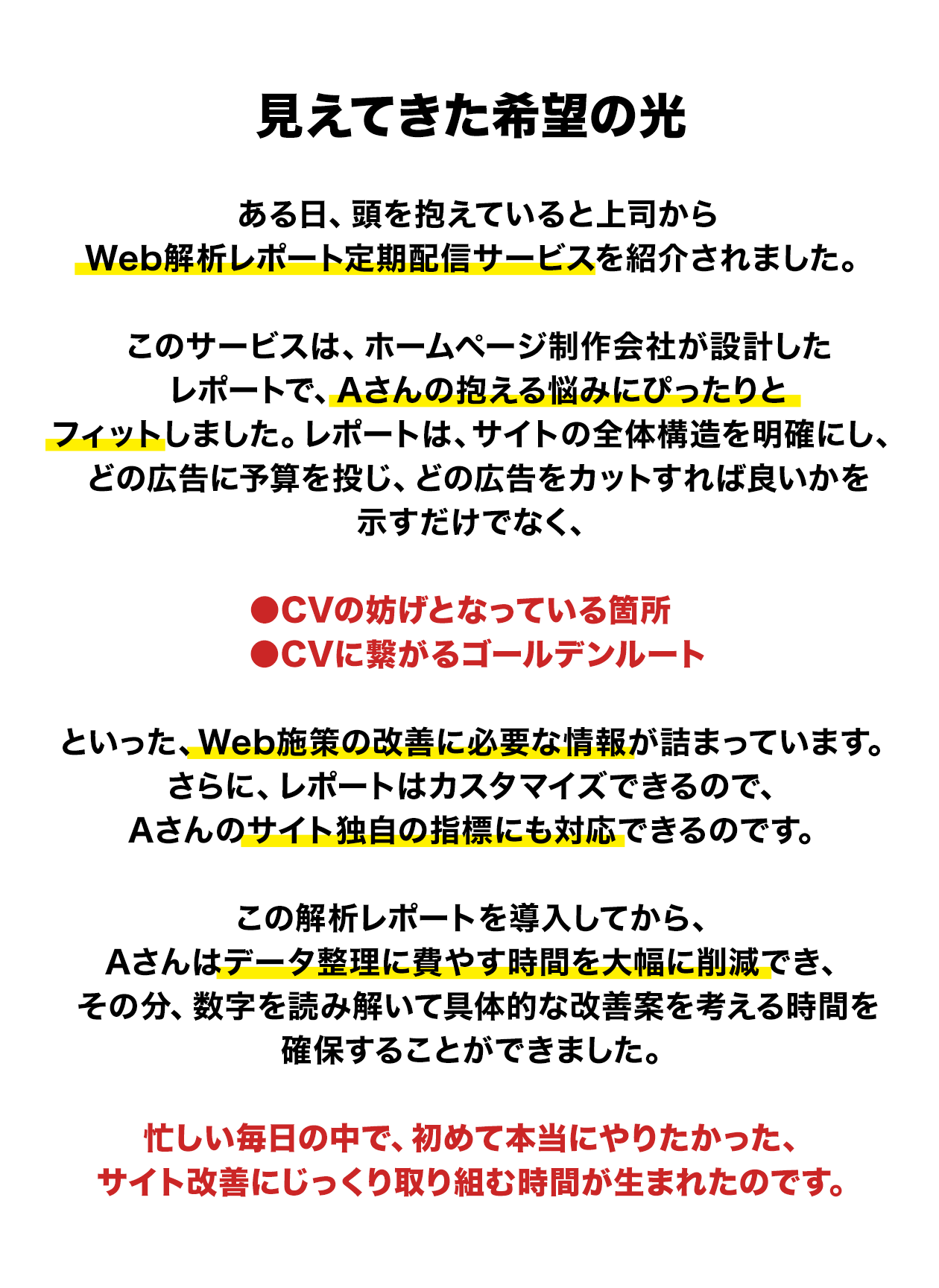 見えてきた希望の光　ある日、頭を抱えていると上司からWeb解析レポート定期配信サービスを紹介されました。このサービスは、ホームページ制作会社が設計したレポートで、Aさんの抱える悩みにぴったりとフィットしました。レポートは、サイトの全体構造を明確にし、どの広告に予算を投じ、どの広告をカットすれば良いかを示すだけでなく、CVの妨げとなっている箇所CVに繋がるゴールデンルートといった、Web施策の改善に必要な情報が詰まっています。さらに、レポートはカスタマイズできるので、Aさんのサイト独自の指標にも対応できるのです。この解析レポートを導入してから、Aさんはデータ整理に費やす時間を大幅に削減でき、その分、数字を読み解いて具体的な改善案を考える時間を確保することができました。忙しい毎日の中で、初めて本当にやりたかった、サイト改善にじっくり取り組む時間が生まれたのです。